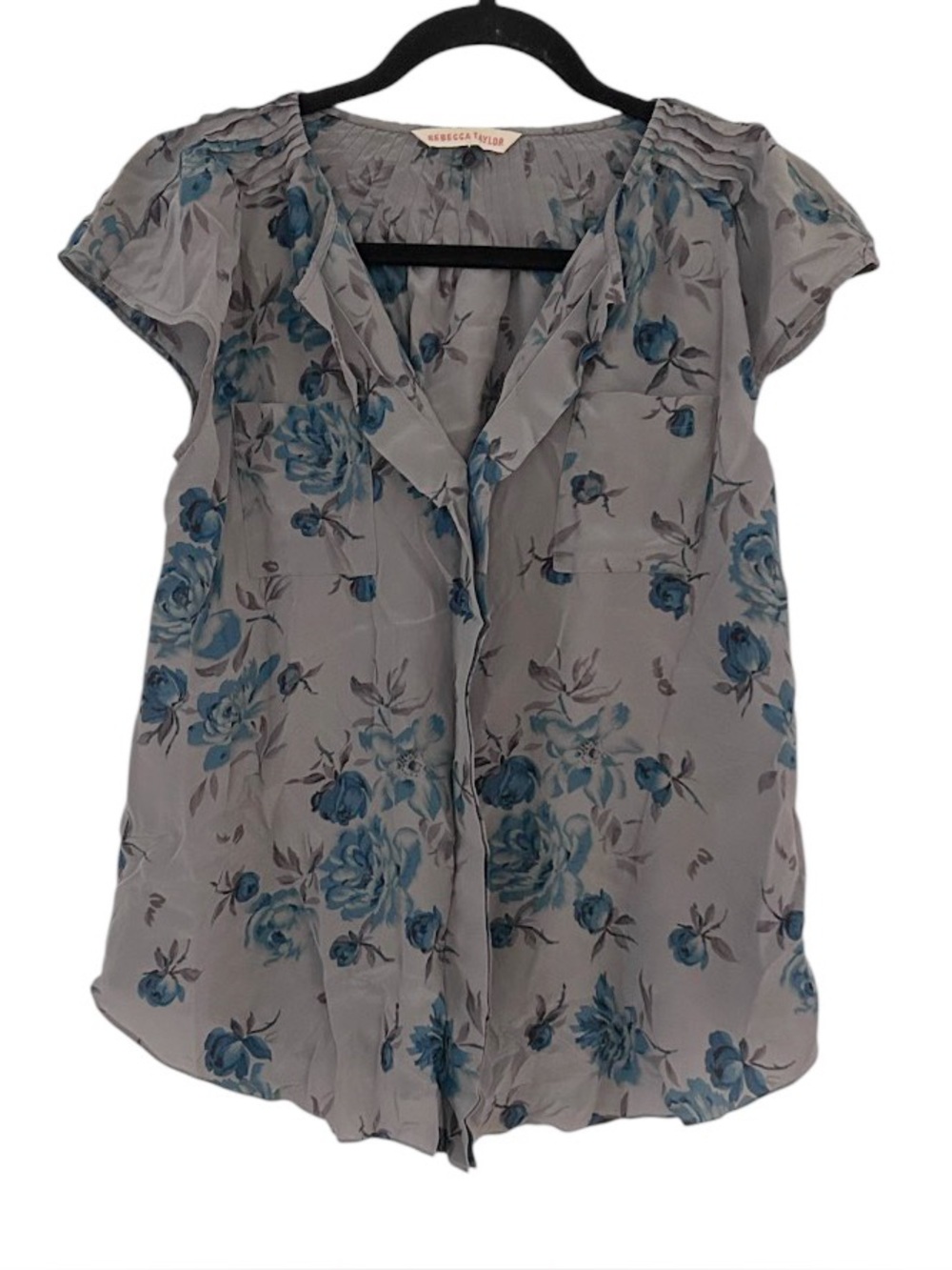 Rebecca Taylor Blouse Size 2 Silk Gray Blue Floral